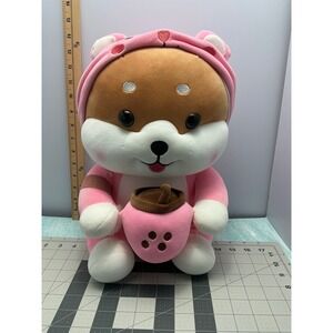 Cute Dog Plush Stuffed Animal Pink Hoodie Boba Drink Kawaii Toy Gift